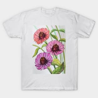 Zinnia  Flowers Watercolor Painting T-Shirt